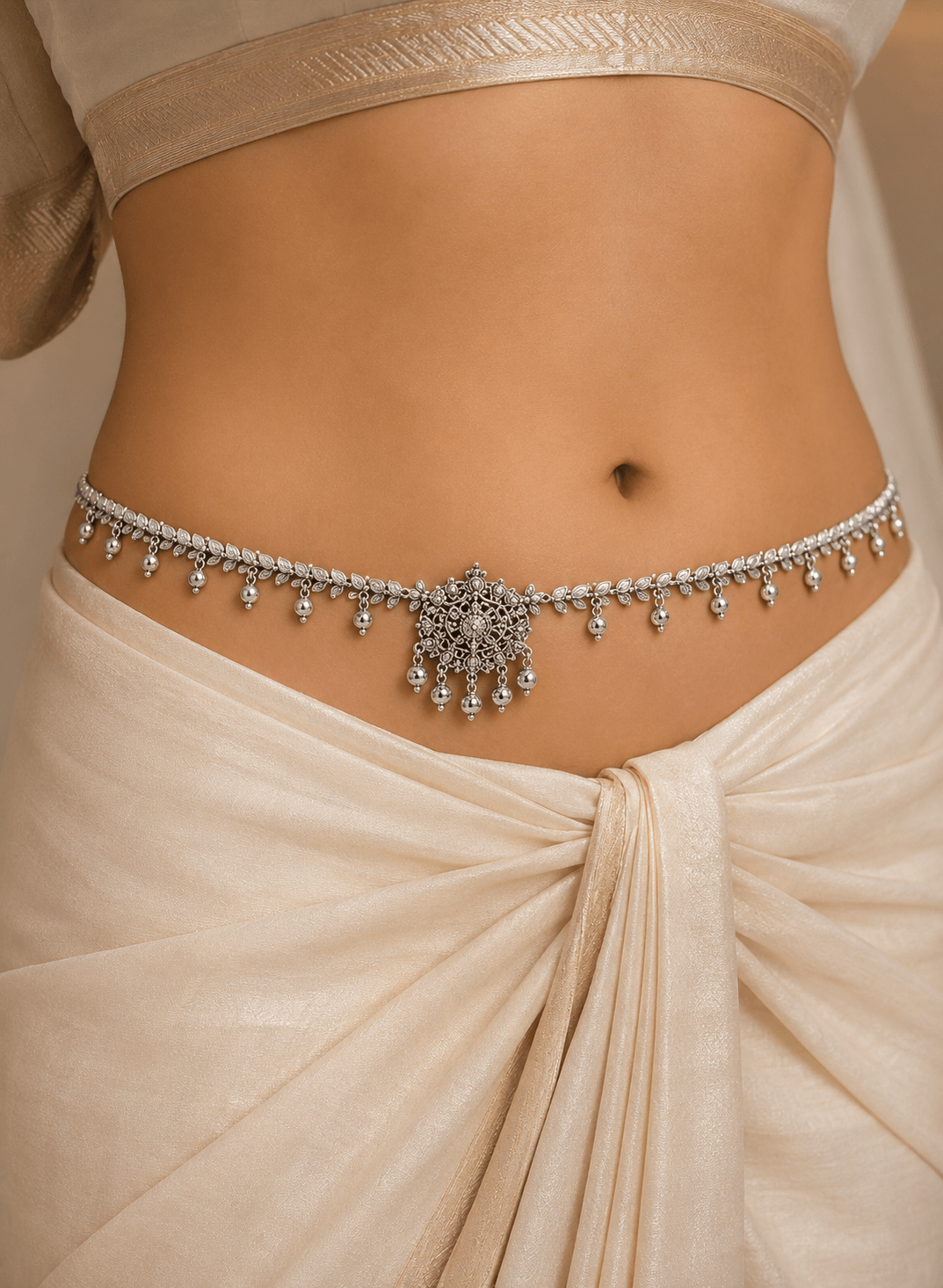 Intricately crafted sterling silver oddiyanam waist chain